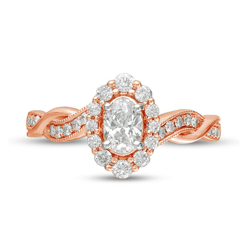 0.75 CT. T.W. Oval Natural Diamond Frame Twist Shank Antique Vintage-Style Engagement Ring in Solid 10K Rose Gold