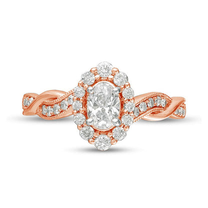 0.75 CT. T.W. Oval Natural Diamond Frame Twist Shank Antique Vintage-Style Engagement Ring in Solid 10K Rose Gold