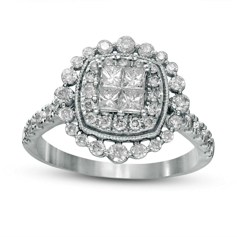 1.0 CT. T.W. Princess-Cut Quad Natural Diamond Cushion Frame Antique Vintage-Style Engagement Ring in Solid 14K White Gold