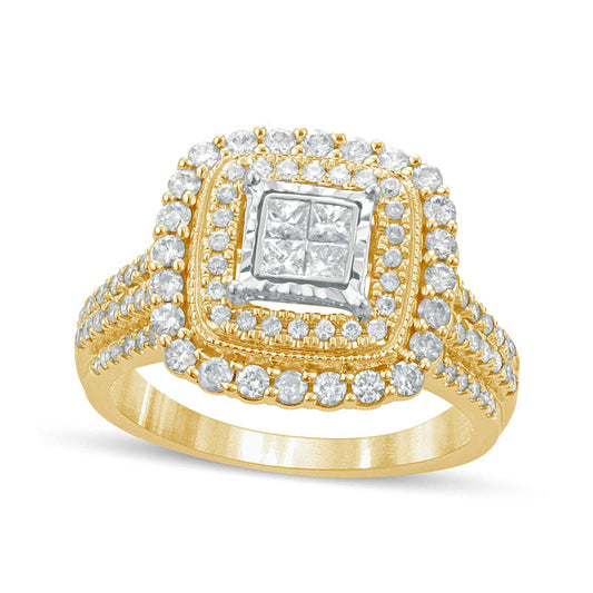 1.0 CT. T.W. Princess-Cut Quad Natural Diamond Double Square Frame Antique Vintage-Style Engagement Ring in Solid 10K Yellow Gold