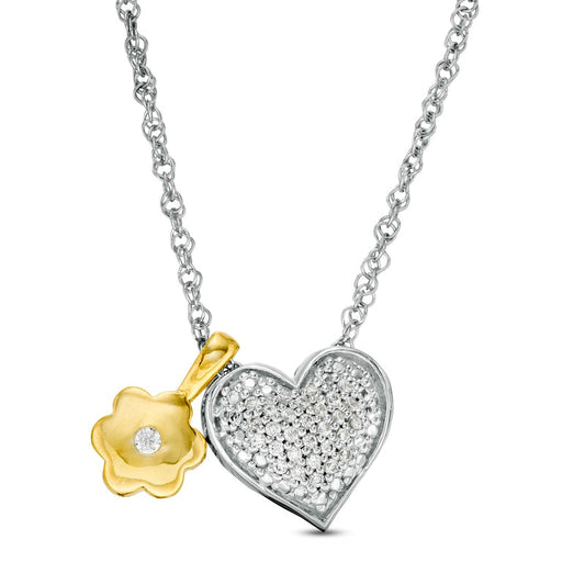 0.1 CT. T.W. Natural Diamond Heart and Flower Charm Pendant in Sterling Silver and 10K Yellow Gold