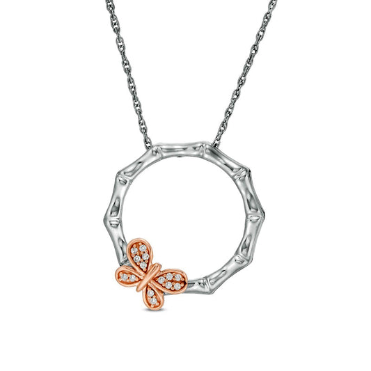 0.07 CT. T.W. Natural Diamond Bamboo Circle with Butterfly Necklace in Sterling Silver and 10K Rose Gold