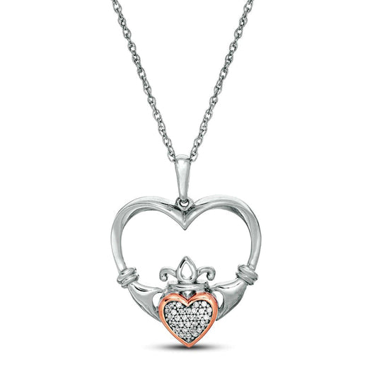 0.05 CT. T.W. Composite Natural Diamond Claddagh Heart Outline Pendant in Sterling Silver and 10K Rose Gold