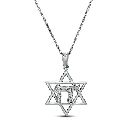 0.05 CT. T.W. Natural Diamond Star of David with Chai Symbol Pendant in Sterling Silver