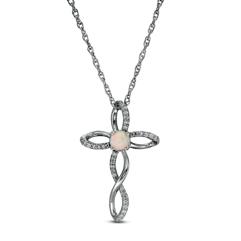 4.0mm Lab-Created Opal and 0.1 CT. T.W. Diamond Twisted Cross Pendant in Sterling Silver
