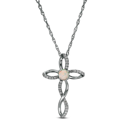 4.0mm Lab-Created Opal and 0.1 CT. T.W. Diamond Twisted Cross Pendant in Sterling Silver