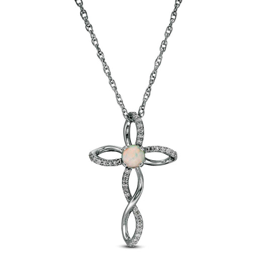 4.0mm Lab-Created Opal and 0.1 CT. T.W. Diamond Twisted Cross Pendant in Sterling Silver