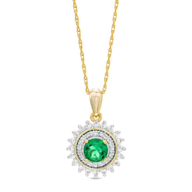 4.8mm Lab-Created Emerald and White Sapphire Sunburst Double Frame Pendant in Sterling Silver with 14K Gold Plate