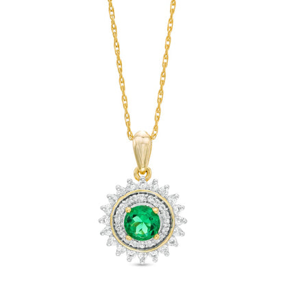 4.8mm Lab-Created Emerald and White Sapphire Sunburst Double Frame Pendant in Sterling Silver with 14K Gold Plate