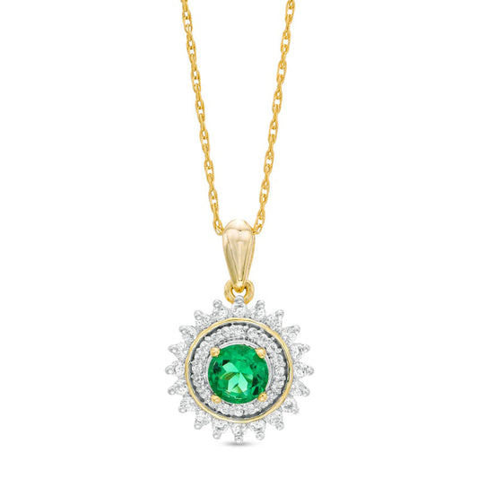 4.8mm Lab-Created Emerald and White Sapphire Sunburst Double Frame Pendant in Sterling Silver with 14K Gold Plate