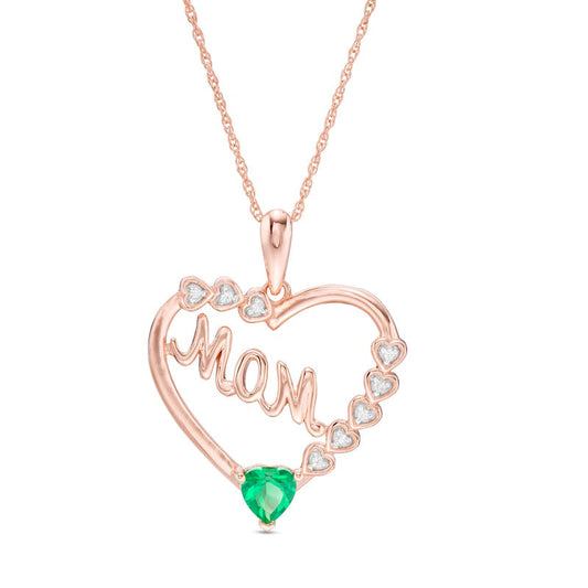4.0mm Lab-Created Emerald and White Sapphire MOM" Heart Frame Pendant in Sterling Silver with 14K Rose Gold Plate"
