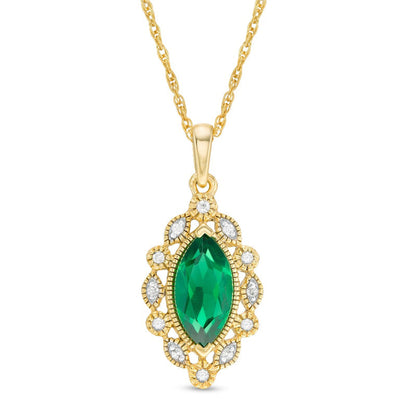 Marquise Lab-Created Emerald and White Sapphire Frame Antique Vintage-Style Drop Pendant in Sterling Sliver with 14K Gold Plate