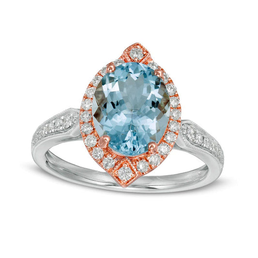 Oval Aquamarine and 0.33 CT. T.W. Natural Diamond Ornate Marquise Frame Double Row Art Deco Ring in Solid 14K Two-Tone Gold