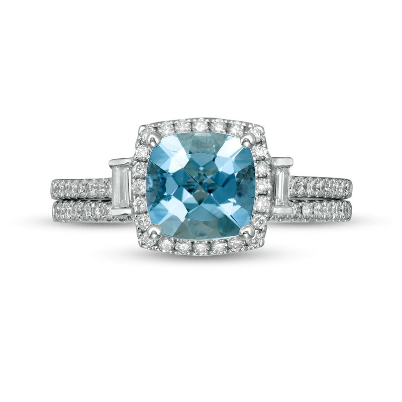 7.0mm Cushion-Cut Aquamarine and 0.33 CT. T.W. Natural Diamond Frame Three Stone Bridal Engagement Ring Set in Solid 14K White Gold