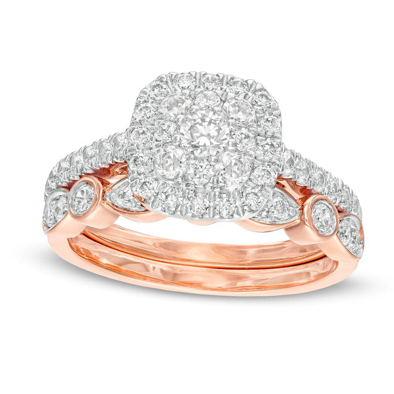 1.0 CT. T.W. Composite Cushion-Shaped Natural Diamond Art Deco Bridal Engagement Ring Set in Solid 10K Rose Gold
