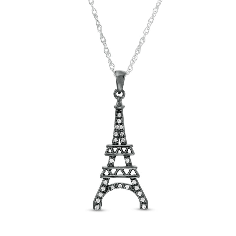 0.1 CT. T.W. Natural Diamond Eiffel Tower Pendant in Sterling Silver and Black Rhodium