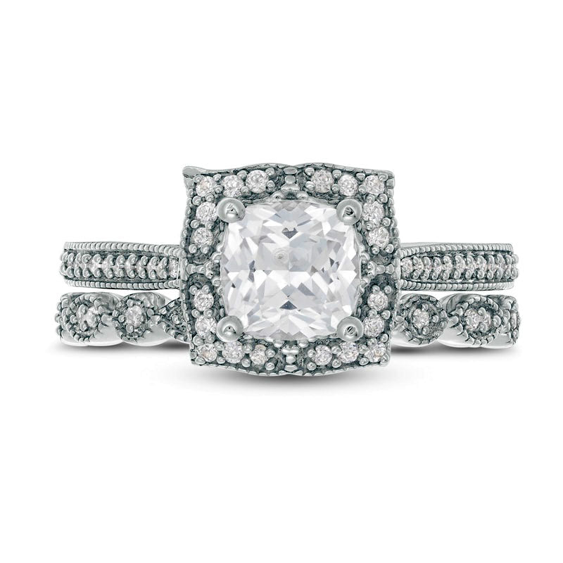 Cushion-Cut Lab-Created White Sapphire and 0.25 CT. T.W. Diamond Antique Vintage-Style Bridal Engagement Ring Set in Sterling Silver (2 Lines)
