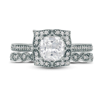 Cushion-Cut Lab-Created White Sapphire and 0.25 CT. T.W. Diamond Antique Vintage-Style Bridal Engagement Ring Set in Sterling Silver (2 Lines)