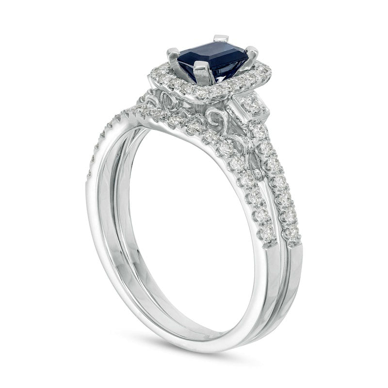 Emerald-Cut Blue Sapphire and 0.50 CT. T.W. Natural Diamond Octagon Frame Bow Tie Bridal Engagement Ring Set in Solid 10K White Gold