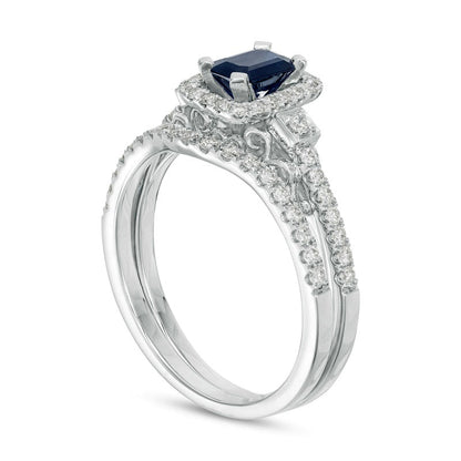 Emerald-Cut Blue Sapphire and 0.50 CT. T.W. Natural Diamond Octagon Frame Bow Tie Bridal Engagement Ring Set in Solid 10K White Gold