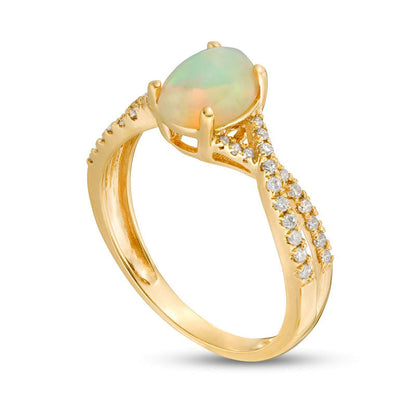 Oval Opal and 0.17 CT. T.W. Natural Diamond Crossover Shank Ring in Solid 14K Gold