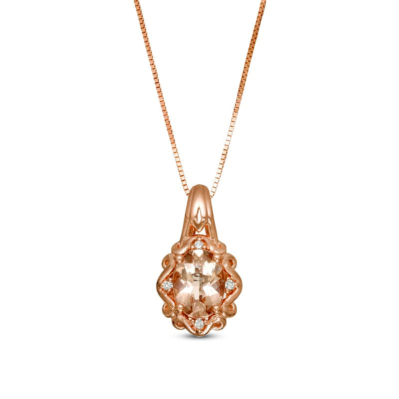 Oval Morganite and Natural Diamond Accent Ornate Frame Pendant in 10K Rose Gold
