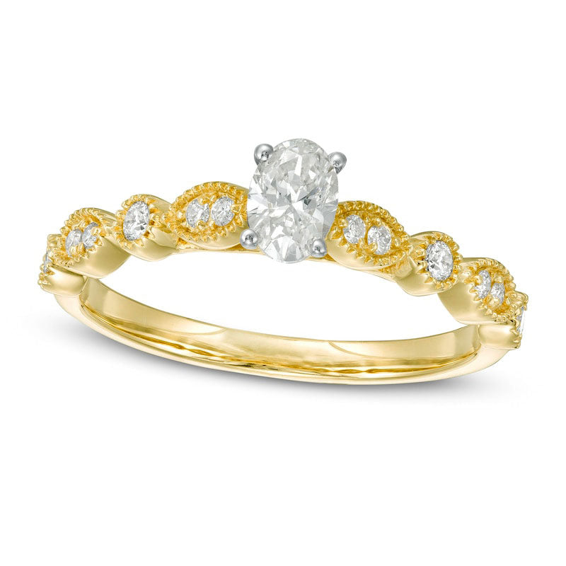 0.50 CT. T.W. Oval Natural Diamond with Marquise Shapes Antique Vintage-Style Engagement Ring in Solid 10K Yellow Gold