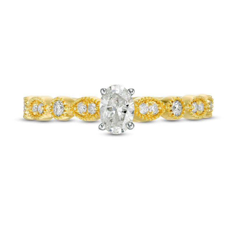 0.50 CT. T.W. Oval Natural Diamond with Marquise Shapes Antique Vintage-Style Engagement Ring in Solid 10K Yellow Gold