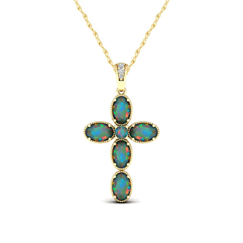 Oval Lab-Created Opal and Diamond Accent Antique Vintage-Style Cross Pendant in 10K Yellow Gold