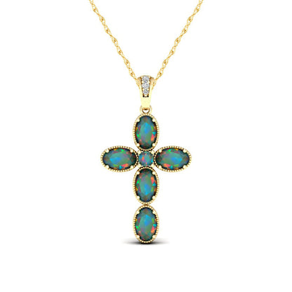 Oval Lab-Created Opal and Diamond Accent Antique Vintage-Style Cross Pendant in 10K Yellow Gold