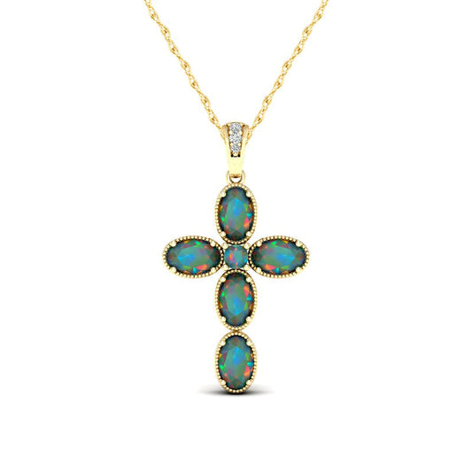 Oval Lab-Created Opal and Diamond Accent Antique Vintage-Style Cross Pendant in 10K Yellow Gold
