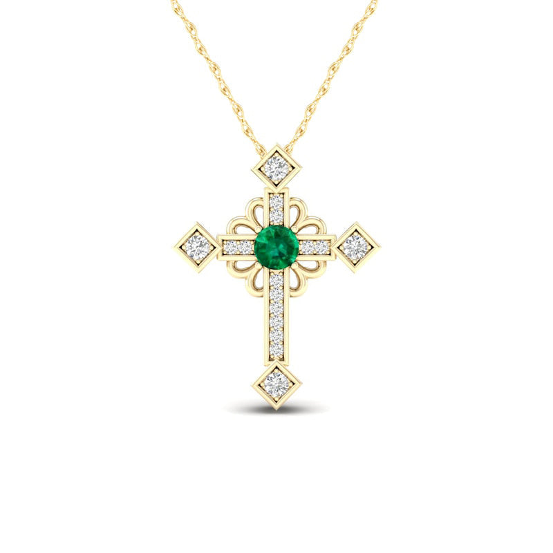 Emerald and 0.05 CT. T.W. Natural Diamond Gothic-Style Cross Pendant in 10K Yellow Gold