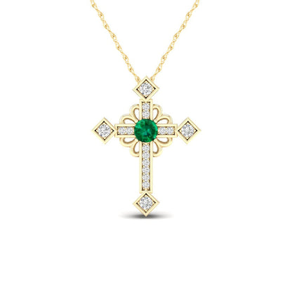 Emerald and 0.05 CT. T.W. Natural Diamond Gothic-Style Cross Pendant in 10K Yellow Gold