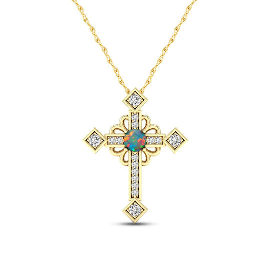 Lab-Created Opal and 0.05 CT. T.W. Diamond Gothic-Style Cross Pendant in 10K Yellow Gold