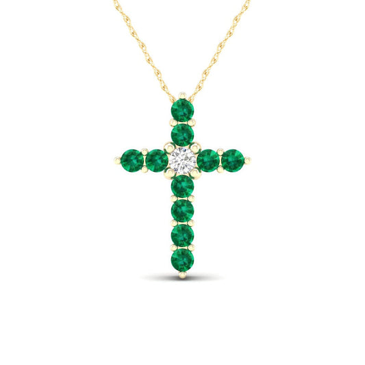 Emerald and 0.05 CT. Natural Diamond Cross Pendant in 10K Yellow Gold