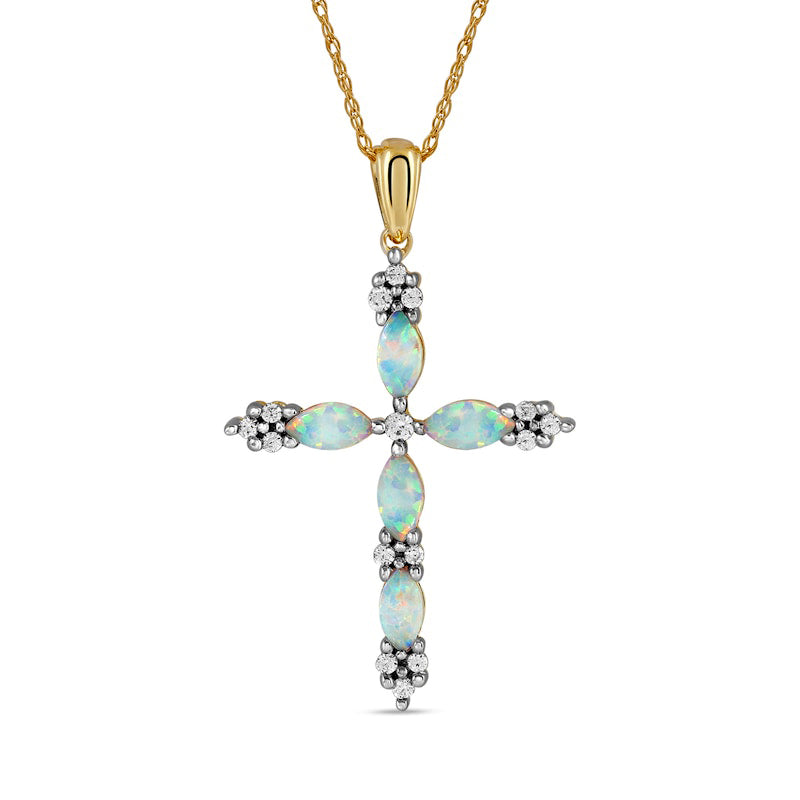 Marquise Lab-Created Opal and 0.07 CT. T.W. Diamond Cross Pendant in 10K Yellow Gold