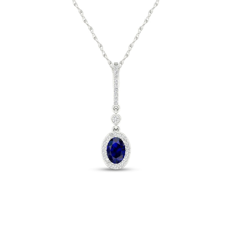 Oval Blue Sapphire and 0.07 CT. T.W. Natural Diamond Frame Drop Pendant in 10K White Gold
