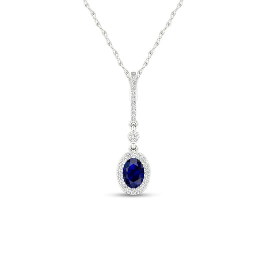Oval Blue Sapphire and 0.07 CT. T.W. Natural Diamond Frame Drop Pendant in 10K White Gold