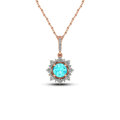 5.0mm Aquamarine and 0.07 CT. T.W. Natural Diamond Sun Frame Antique Vintage-Style Pendant in 10K Rose Gold