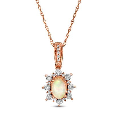 Oval Opal and 0.07 CT. T.W. Natural Diamond Sun Frame Antique Vintage-Style Pendant in 10K Rose Gold