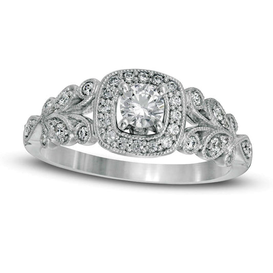 0.50 CT. T.W. Natural Diamond Cushion Frame Ornate Antique Vintage-Style Engagement Ring in Solid 10K White Gold