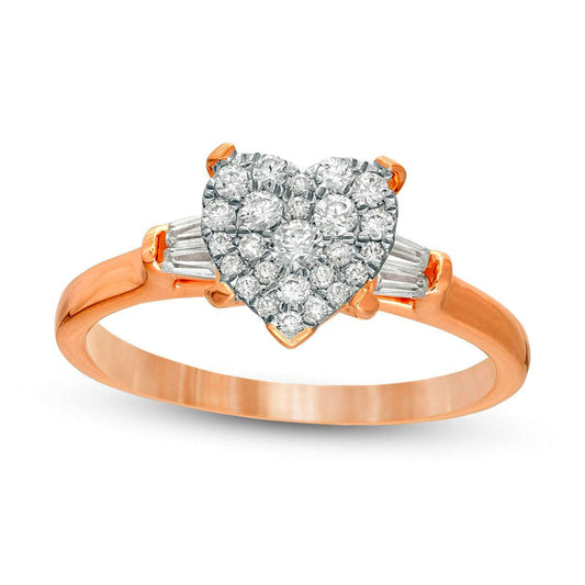 0.50 CT. T.W. Composite Heart-Shaped Natural Diamond with Baguette Sides Engagement Ring in Solid 14K Rose Gold