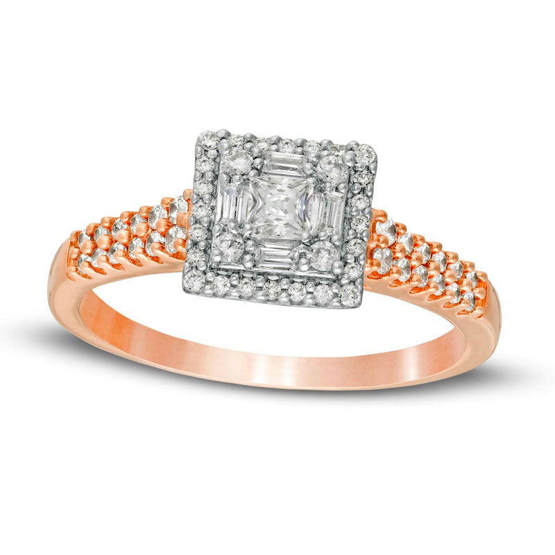 0.50 CT. T.W. Princess-Cut Natural Diamond Double Frame Engagement Ring in Solid 14K Rose Gold