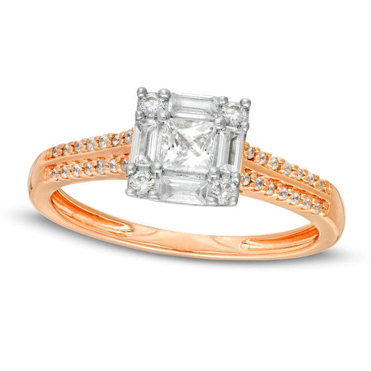0.63 CT. T.W. Princess-Cut Natural Diamond Frame Engagement Ring in Solid 14K Rose Gold