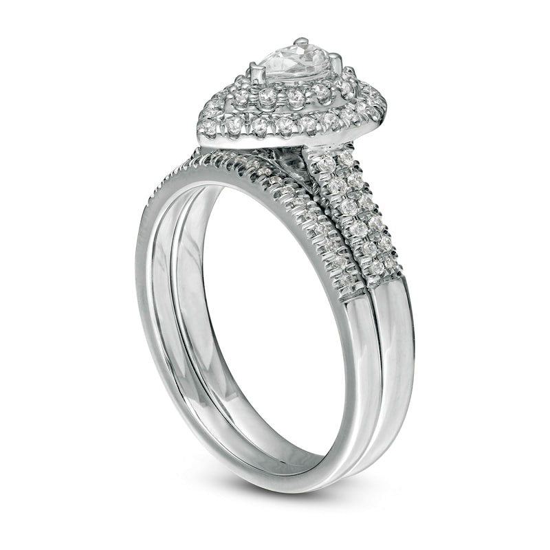 0.75 CT. T.W. Pear-Shaped Natural Diamond Double Frame Bridal Engagement Ring Set in Solid 14K White Gold