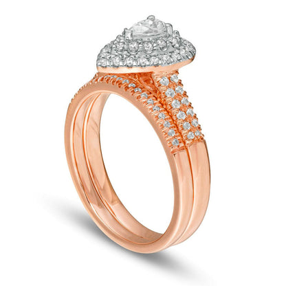 0.75 CT. T.W. Pear-Shaped Natural Diamond Double Frame Bridal Engagement Ring Set in Solid 14K Rose Gold