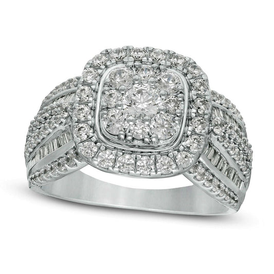 1.5 CT. T.W. Natural Diamond Double Cushion Frame Multi-Row Engagement Ring in Solid 10K White Gold