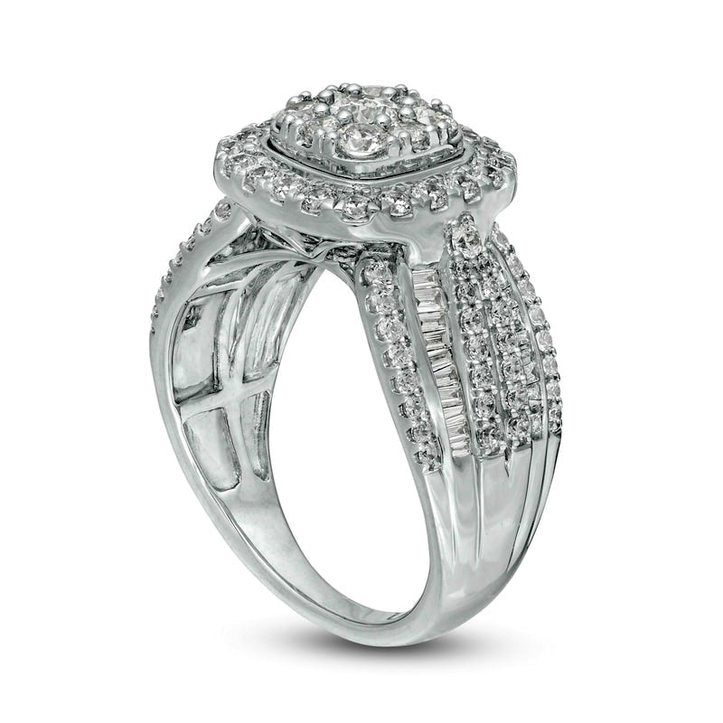 1.5 CT. T.W. Natural Diamond Double Cushion Frame Multi-Row Engagement Ring in Solid 10K White Gold