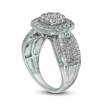 1.5 CT. T.W. Natural Diamond Double Cushion Frame Multi-Row Engagement Ring in Solid 10K White Gold