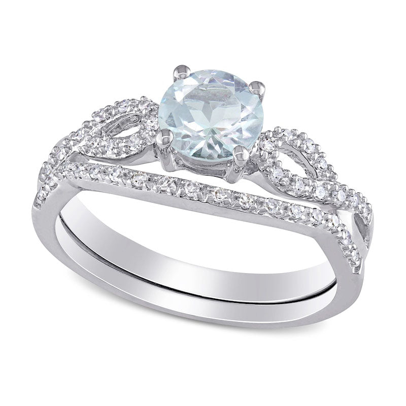 6.0mm Aquamarine and 0.17 CT. T.W. Natural Diamond Infinity Shank Bridal Engagement Ring Set in Solid 10K White Gold